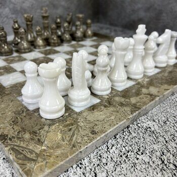 Шахматы каменные ракушечник серый и мрамор белый, 37.5х37.5 см